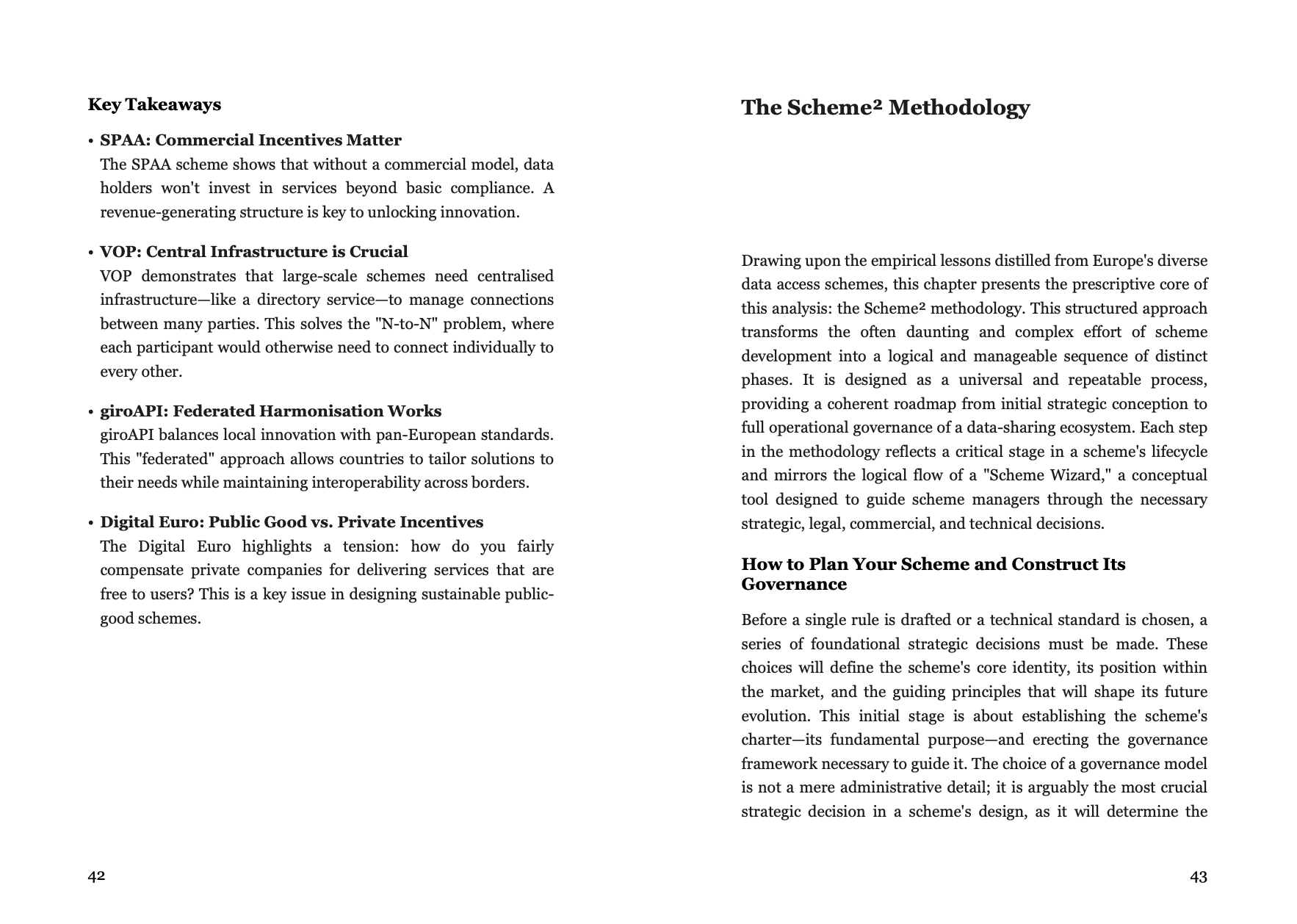 Two pages from the Scheme² book demonstrating its clear content and structured methodology for Open Finance and FIDA schemes