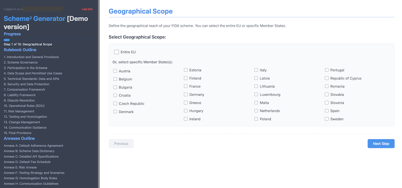 Screenshot of the Scheme² Generator, a workflow tool for building an Open Finance data exchange scheme